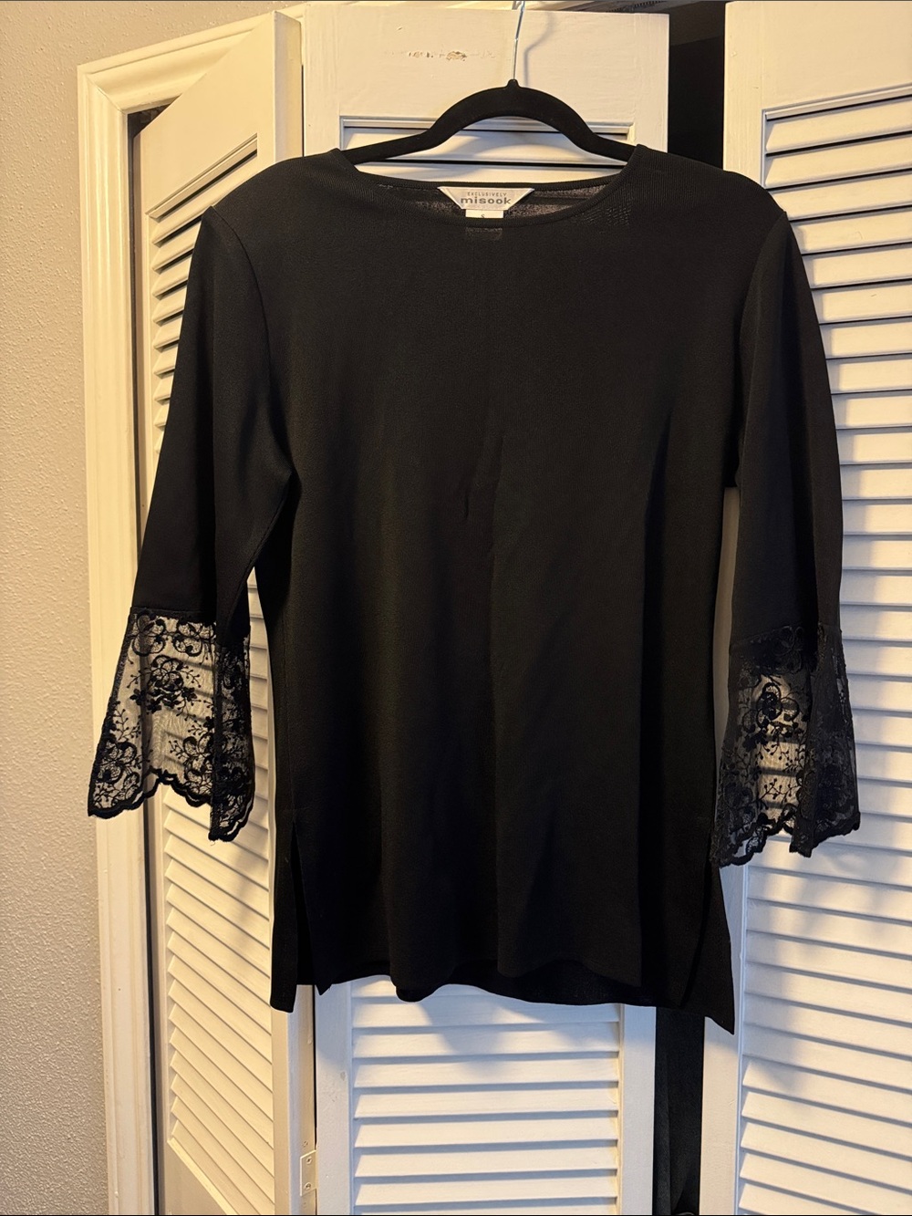 Misook Black Lace-Sleeve Crewneck Blouse